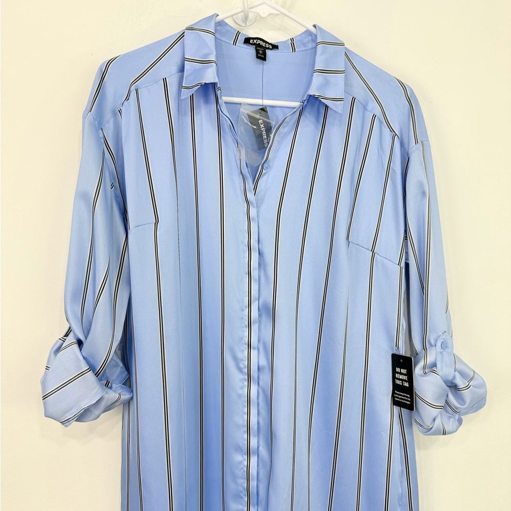 Express Light Blue Black Vertical Stripe Tab Sleeve Collared Shirt Dress NEW - Picture 5 of 15